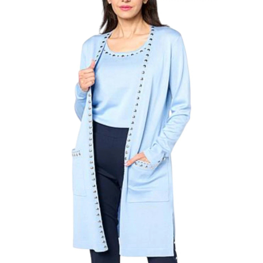 Nina Leonard Women's Sweater Knit Studded Cardigan Light Blue - Regular